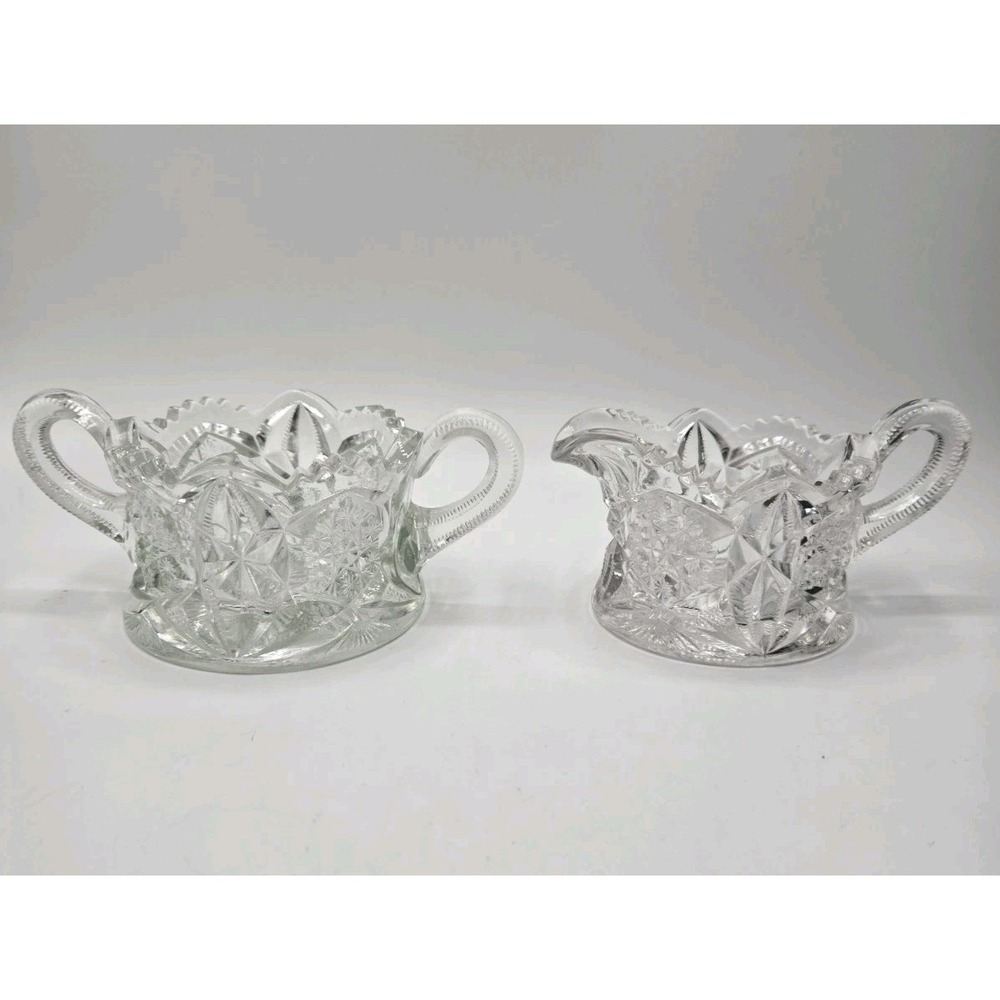 Antique Glass Cream & Sugar Berry Set McKee Toltec Pattern Pres-Cut EAPG 1904